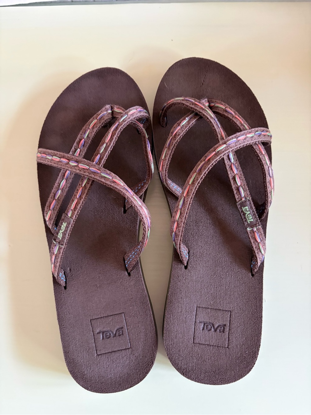 Teva Brown Flip Flops with Multicolor Stitched Straps